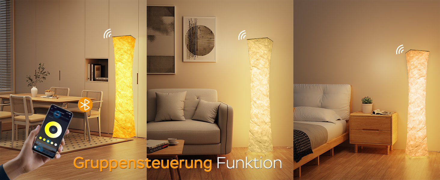 Drei zylindrische Stehlampen mit strukturierten Schirmen in verschiedenen Räumen. Eine Hand hält ein Smartphone, das die Lampen steuert, was auf die Smart-Home-Funktionalität hinweist