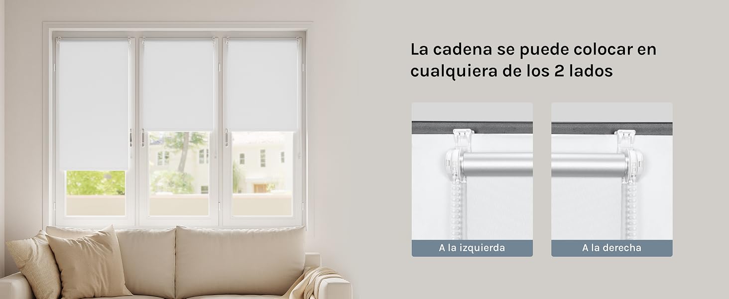 El texto dice: «La cadena se puede colocar en cualquiera de los 2 lados».
[SENTENCE 19] Ventana con persianas enrollables que se muestra en diferentes posiciones en una habitación luminosa con un sofá de color beige.