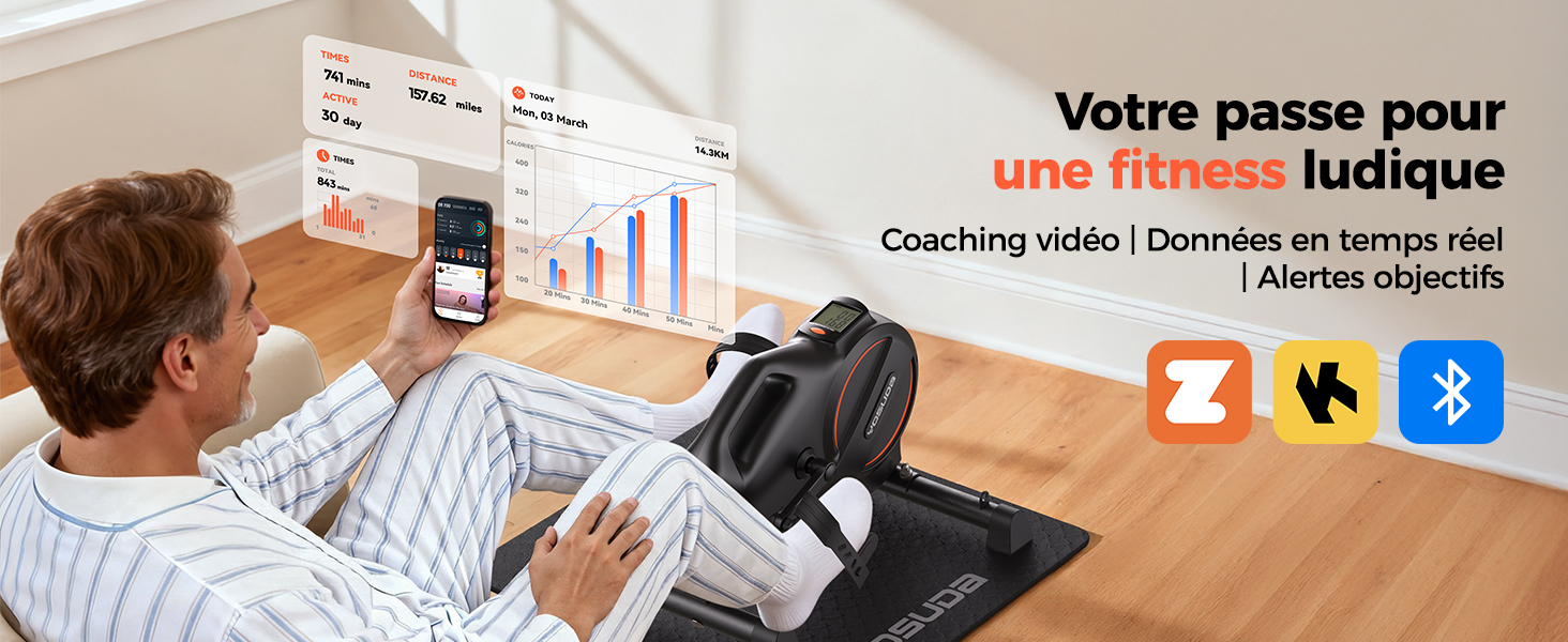 Le texte se lit comme suit : « Votre passe pour une fitness ludique », « Coaching vidéo | Données en temps réel | Alertes objectifs ». Affiche les affichages de l'interface et les scénarios d'utilisation des appareils mobiles.