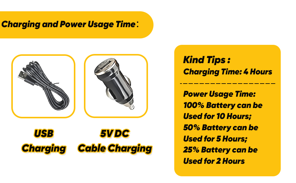Schéma d'informations de charge pour appareil électronique. Indique les options de câble USB et 5 V DC, avec les durées d'utilisation de la batterie pour différents niveaux de charge