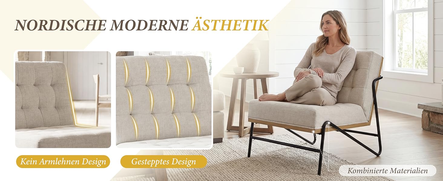Der Text lautet „NORDISCHE MODERNE ÄSTHETIK“. Frau auf beigefarbenem, gepolstertem, modernen Loungesessel aus der Mitte des Jahrhunderts in minimalistischer Inneneinrichtung mit neutralem Dekor.