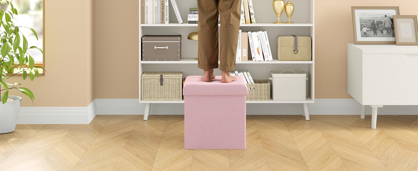 Escena de almacenamiento interior con estantería blanca que contiene cajas y libros, con una otomana rosa o un cubo de almacenamiento colocado en el centro sobre un suelo de madera