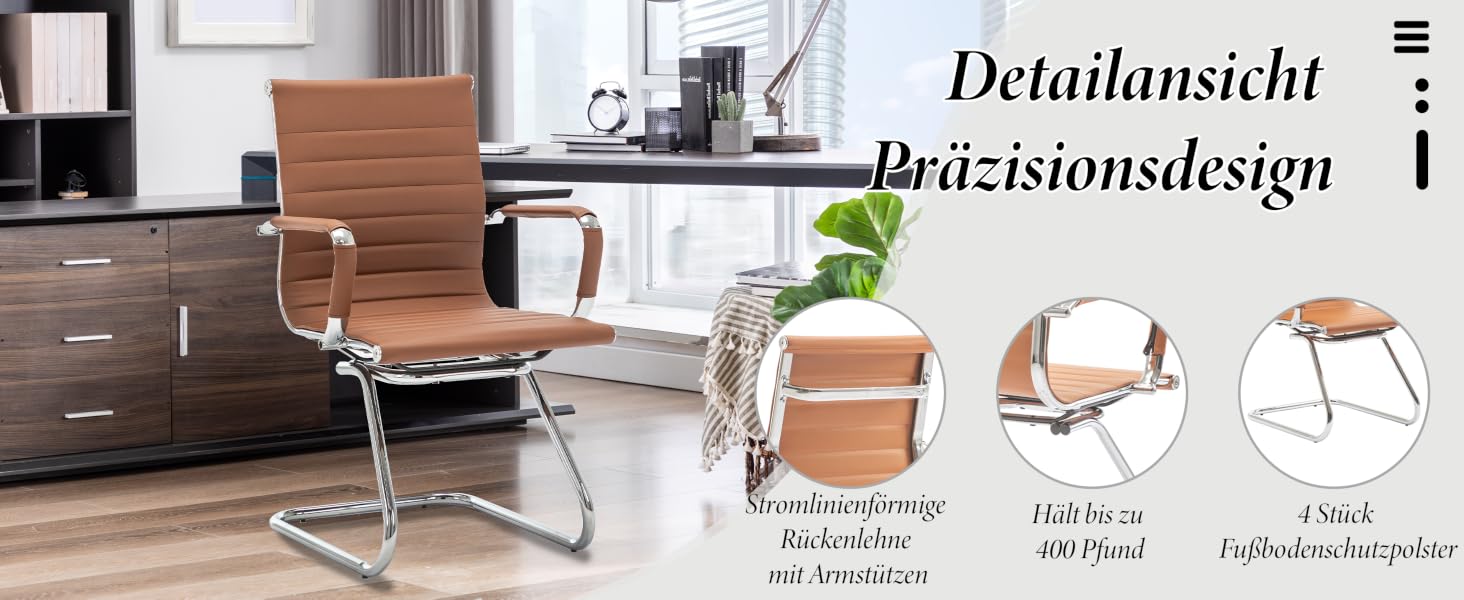 Moderner Bürostuhl mit brauner Rippenpolsterung, Chromgestell und Freischwinger. Mit Armlehnen und hoher Rückenlehne. Gezeigt in einer Büroumgebung mit Detailansichten der Konstruktion