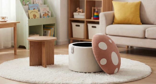 Living room scene with cream and wood round ottoman featuring polka-dot red cushioned lid, positioned on white area rug alongside wooden furniture and beige sofa.