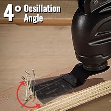 Le texte indique « Angle d'oscillation de 4° ». Démonstration technique rapprochée du mouvement d'oscillation d'un appareil à un angle spécifié.