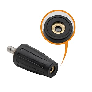 Close-up of a black pressure washer nozzle attachment with a brass-colored insert. An inset image highlights the nozzle's connection point.