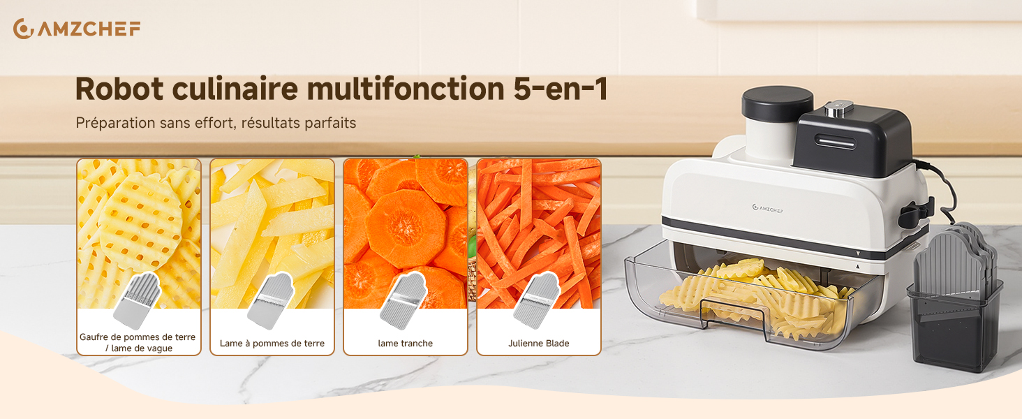 Le texte indique « Robot culinaire multifonction 5-en-1 ». Montre un appareil de cuisine avec de multiples accessoires et des fonctions de transformation des aliments démontrées avec divers ingrédients.