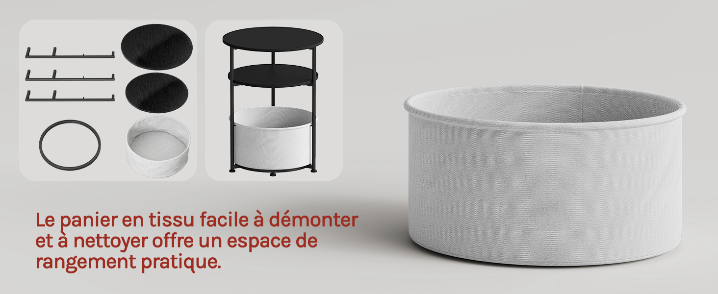 Le texte se lit comme suit : « Le panier en tissu facile à démonter et à nettoyer offre un espace de rangement pratique ». L'écran plat présente un panier en tissu amovible, le matériel de montage, un support et un récipient en céramique pour une solution de rangement pratique.