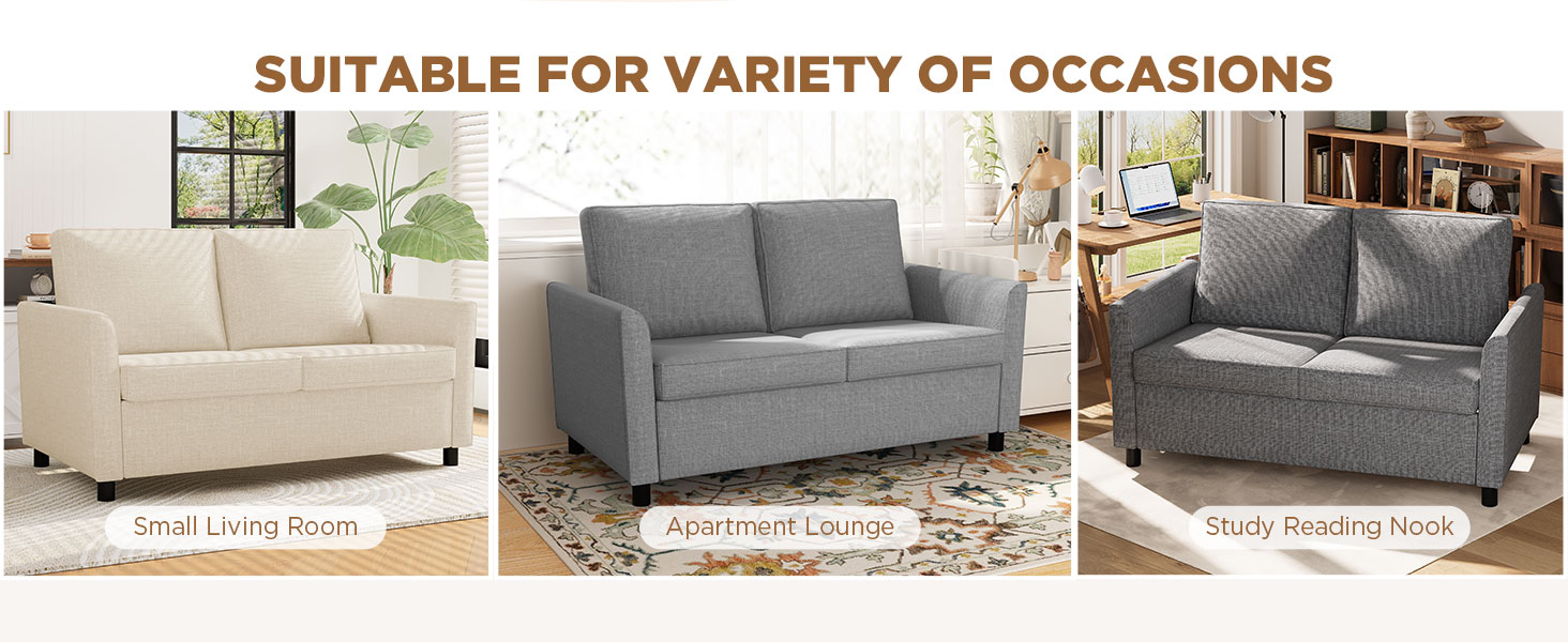 Text reads 'SUITABLE FOR VARIETY OF OCCASIONS'. Modern gray sofa shown in multiple views within living room setting, demonstrating different angles and configurations.