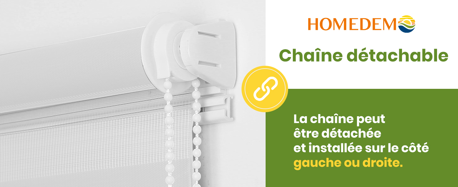 Mécanisme de chaîne à rideaux amovible illustré avec des composants en plastique blanc. Le texte indique qu'il peut être installé à gauche ou à droite.
