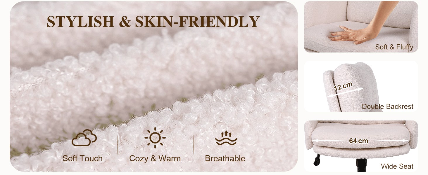 Plush fabric texture with icons indicating soft touch, warmth, and breathability. Inset images show material softness, 2cm thickness, and 64cm wide seat with legs.