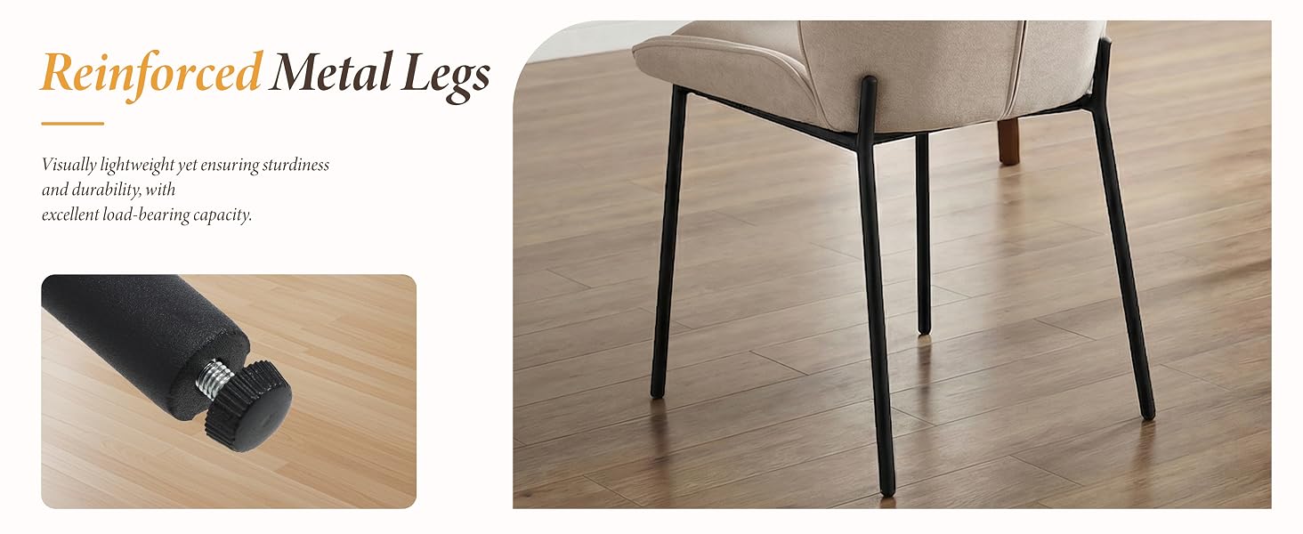 Text reads "Reinforced Metal Legs", "Stabil und langlebig". Close-up detail of black metal table leg connection and full view of round taupe upholstered table with reinforced black metal legs on wooden floor.