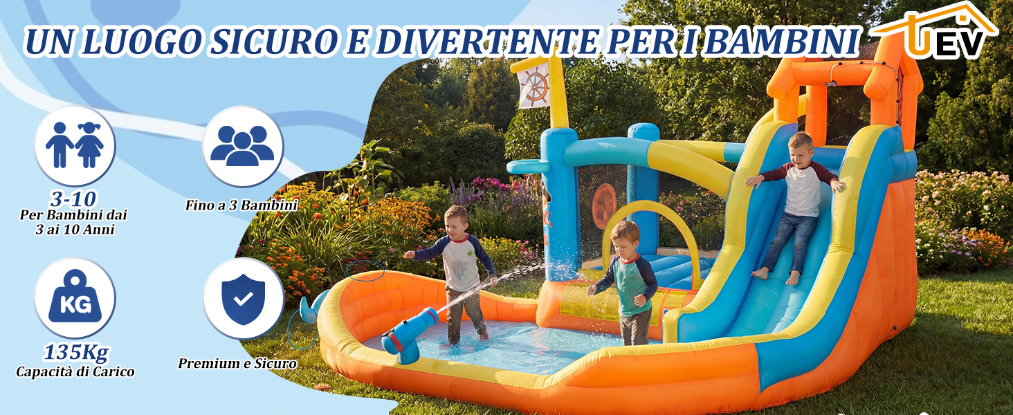Struttura da gioco gonfiabile con scivolo d'acqua con icone di sicurezza visualizzate in alto: numero massimo di utenti, limite di peso, supervisione di un adulto richiesta e nessun simbolo di immersione.