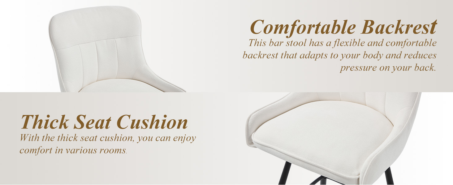 Text reads 'Comfortable Backrest', 'Thick Seat Cushion'. Product feature callouts highlighting chair comfort elements with beige upholstery.