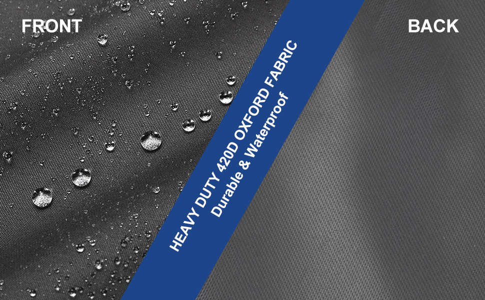 Split image showing waterproof fabric. Left side labeled 'FRONT' with water droplets, right side labeled 'BACK' with textured material. Blue stripe with text 'HEAVY DUTY HYDROPHOBIC DURABLE WATERPROOF'.