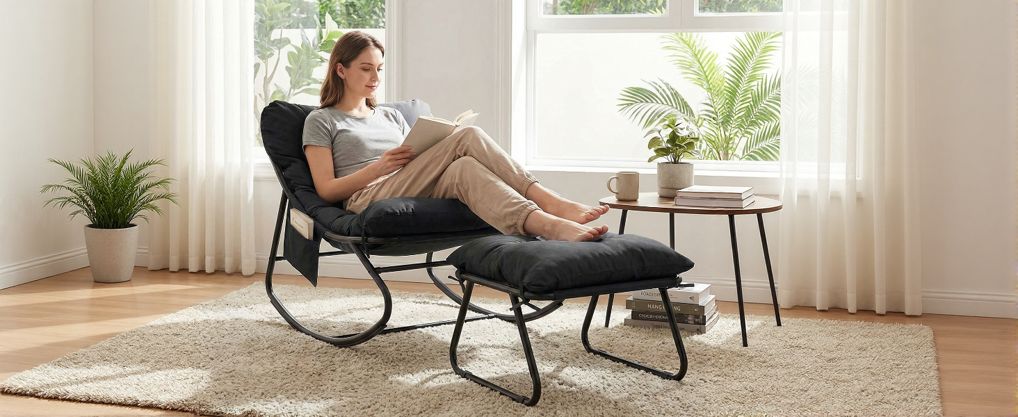 Modern rocking chair with footstool in indoor setting. Natural light from windows, potted plant visible. Contemporary living room interior design.