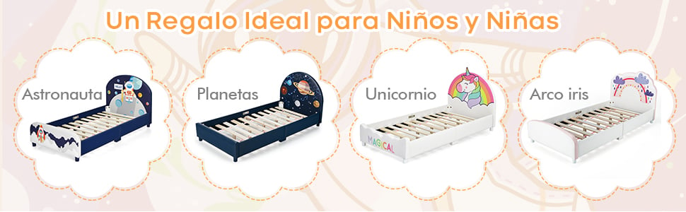 COSTWAY Plataforma Cama con Galaxia Cabecera y Estribo para Niños 2-6 Años/ Cama Infantil con