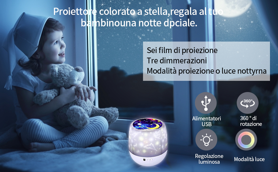 Lampada Proiettore Cielo Stellato, 360° Rotazione Proiettore Stelle Bambini,  Luce Notturna con 6 Colori, Alimentato USB/batterie, Adatto per Compleann