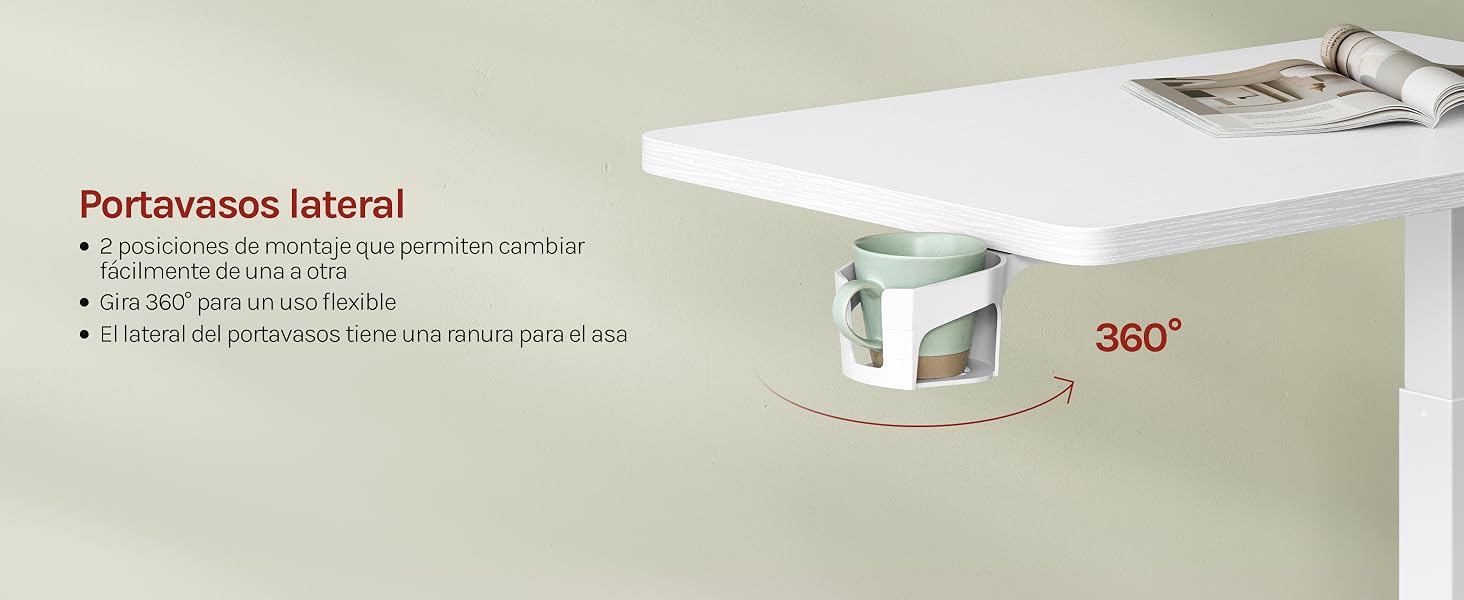 El texto dice «Portavascos lateral» con las especificaciones del producto enumeradas. El contenedor de almacenamiento se muestra en un ángulo de 360 grados y muestra una caja organizativa blanca con detalles en verde sobre un fondo beige.