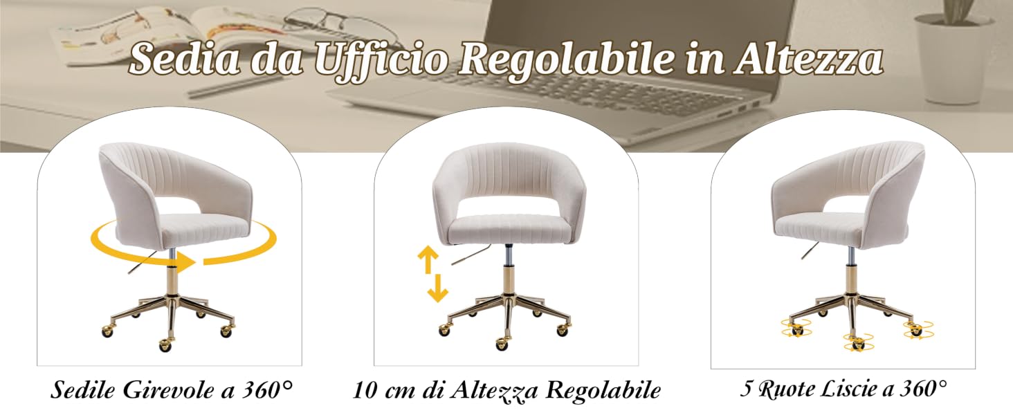 Sedia da ufficio con schienale e braccioli curvi. Le caratteristiche includono la rotazione a 360 gradi, la regolazione dell'altezza fino a 10 cm e la base a 5 razze con rotelle. Rivestito