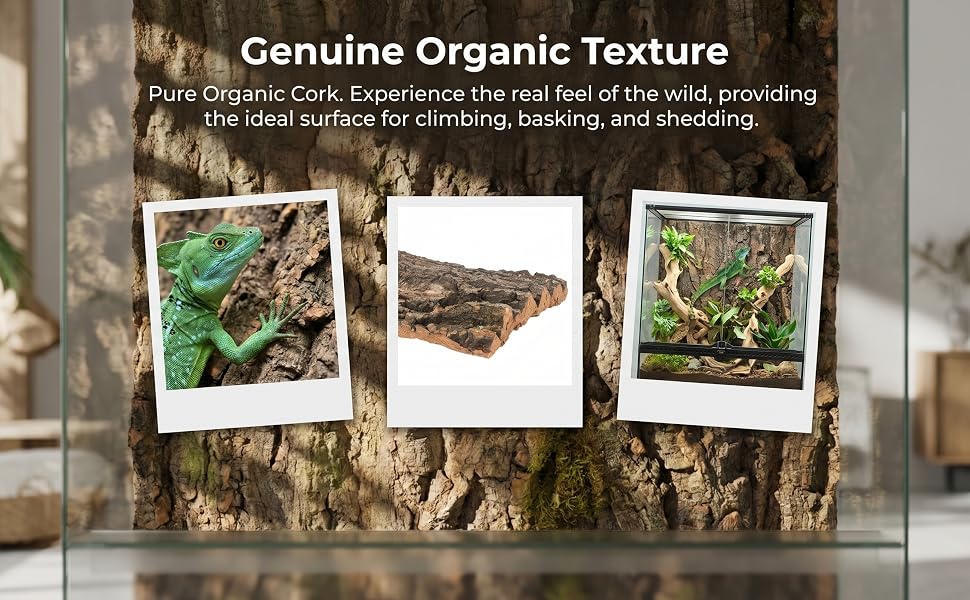Text reads "Genuine Organic Texture" and "Pure Organic Cork. Experience the real feel of the wild, providing the ideal surface for climbing, bashing and stacking." Three photographs of organic cork texture and plant life pinned to bark background.