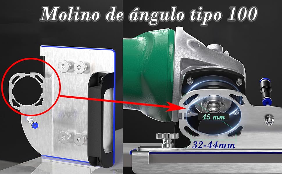 Text reads 'Molino de ángulo tipo 100'. Technical diagram showing angular measurements and dimensions of a mechanical component with red and blue directional lines.