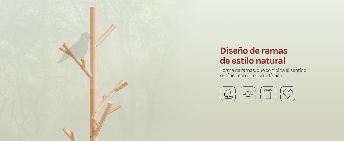 El texto dice «Diseño de normas» y «all eco natura» con iconos de certificación ecológica. Diseño minimalista que muestra una rama desnuda con indicadores de sostenibilidad del producto.