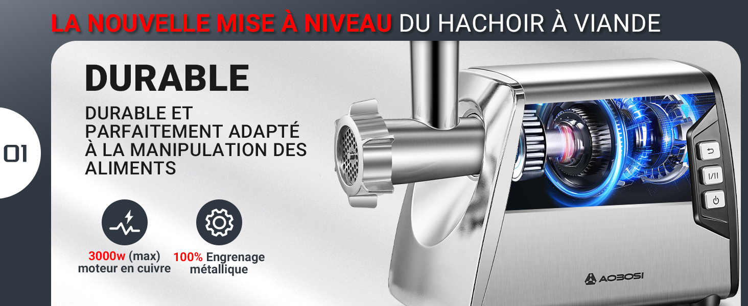avec affichage numérique. Les caractéristiques comprennent un moteur de 3 000 W, 100 % en cuivre et un engrenage métallique pour une durabilité et une manipulation sans danger pour les aliments