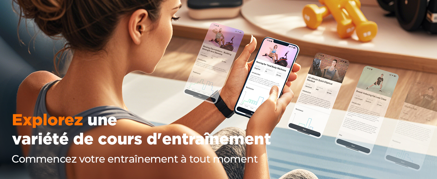 Le texte indique « variété de cours d'entraînement » et « Commencez votre entraînement à tout moment ». Vue d'un appareil mobile montrant l'interface d'une application d'entraînement ou d'entraînement.