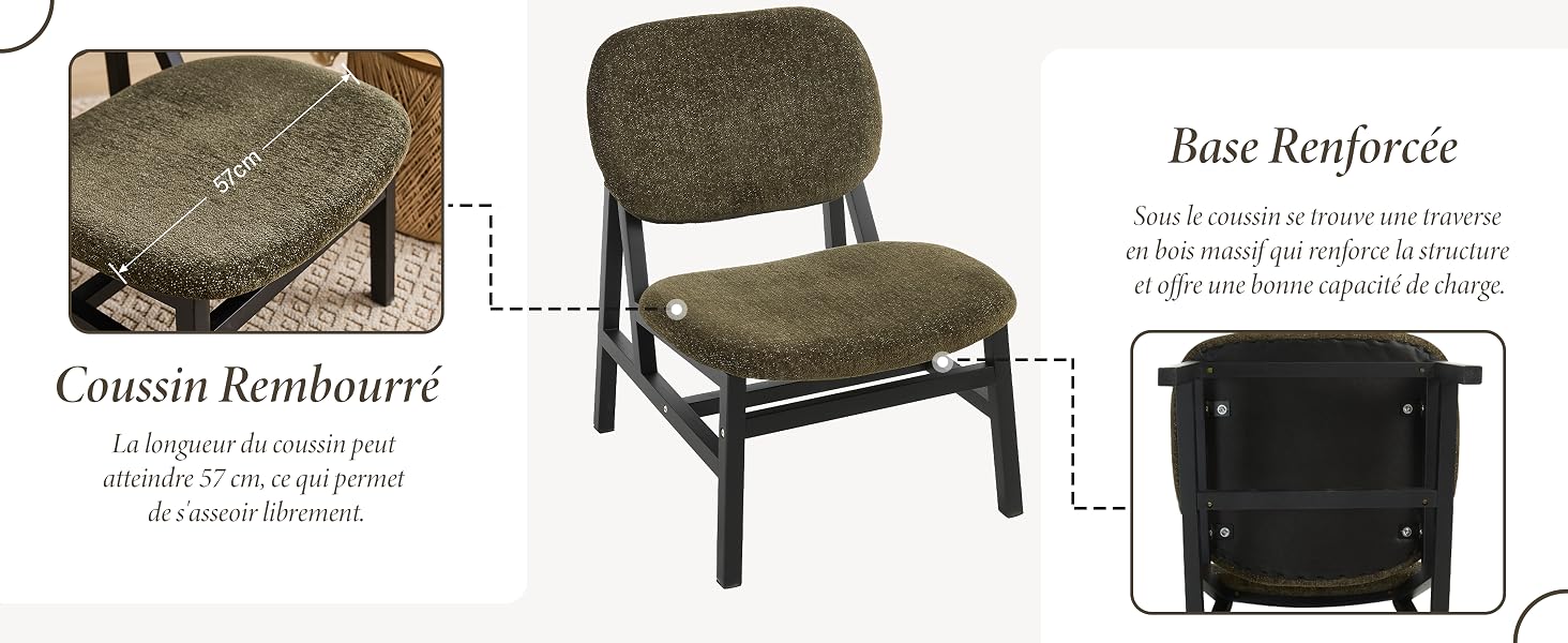 Le texte indique « Base Reinforce » et « Coussin Rembourré ». Plusieurs vues de supports ou de pièces de renforcement de meubles noirs avec des mesures détaillées et des positions d'installation affichées.