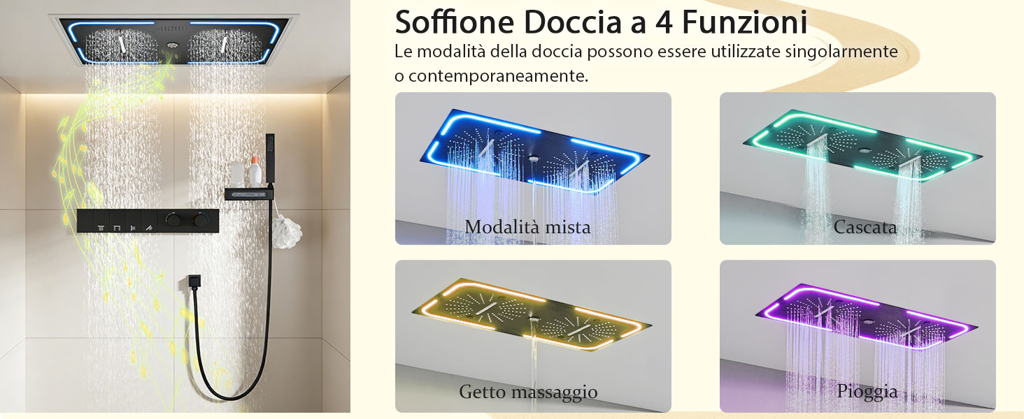 Il testo recita «Soffiione Doccia a 4 Funzioni», «La doccia con le loro 4 funzioni sarà il vostro nuovo preferito». Soffione doccia a soffitto a quattro funzioni disponibile in diverse varianti di colore: nero, blu, verde e viola.