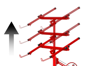 Illustration technique d'un système de support de montage rouge à plusieurs niveaux avec plusieurs points de fixation, illustré par une flèche pointant vers le haut.