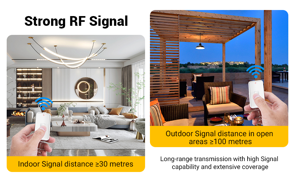 Der Text lautet „Starkes HF-Signal“. Geteiltes Bild, das Szenen aus dem Wohnzimmer und der Außenterrasse zeigt und die Funksignalabdeckung in verschiedenen Umgebungen zeigt.