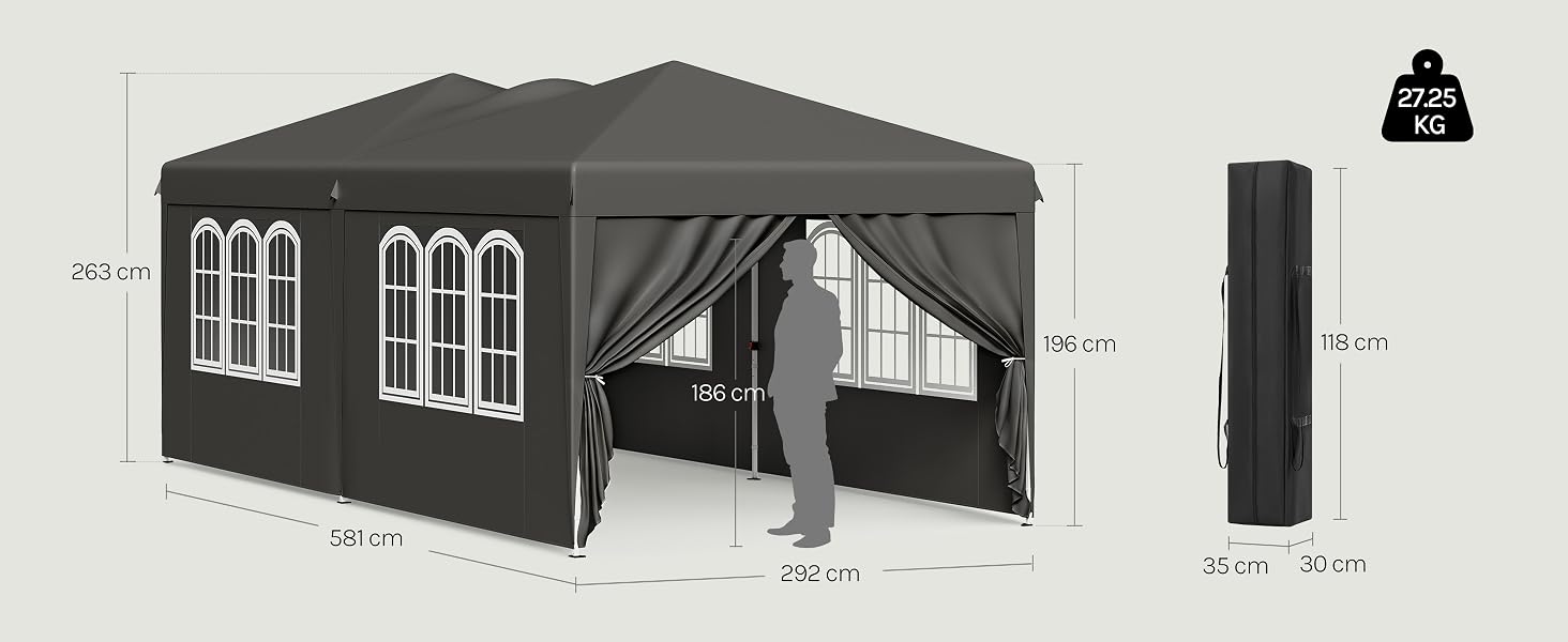 Diagramme en niveaux de gris montrant la même tente de belvédère sous un angle différent avec les mesures, et vue séparée des dimensions de la mallette de rangement compacte.