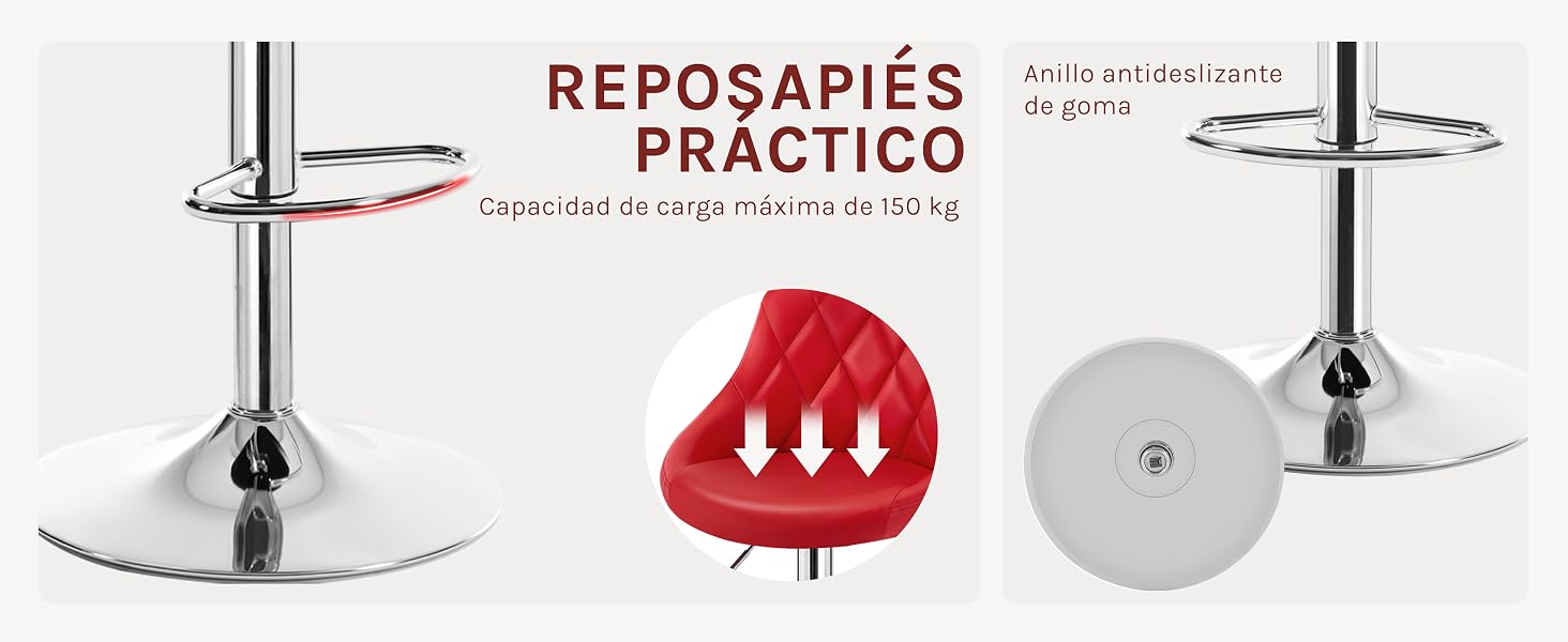 con asiento rojo y base cromada. El diagrama muestra la función de altura ajustable. Se ve el texto «Reposapies practico». Fondo blanco con detalles