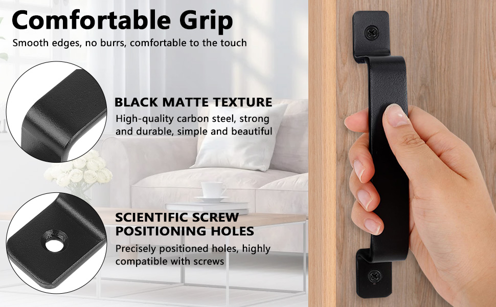 Black matte door handle with smooth edges, made of carbon steel. Features comfortable grip, scientific screw positioning holes, and is shown being held on a wooden door.