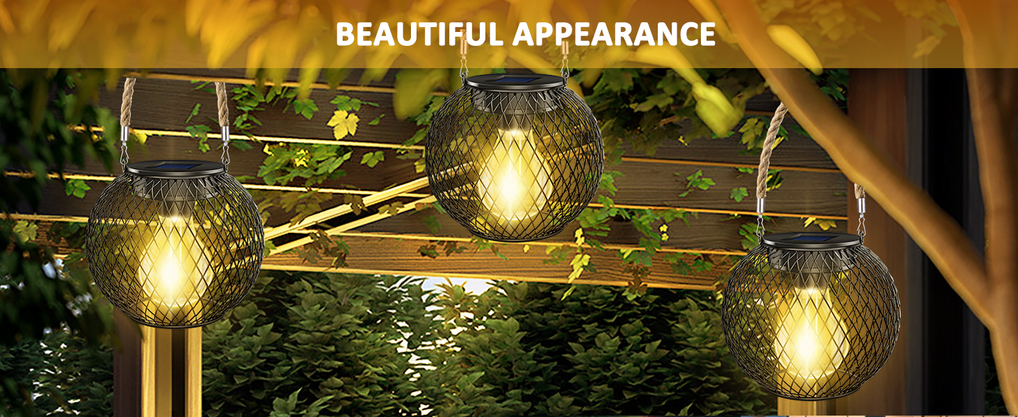 Text reads 'BEAUTIFUL APPEARANCE'. Outdoor evening scene with glowing pendant lights strung between trees, creating ambient lighting in garden setting.