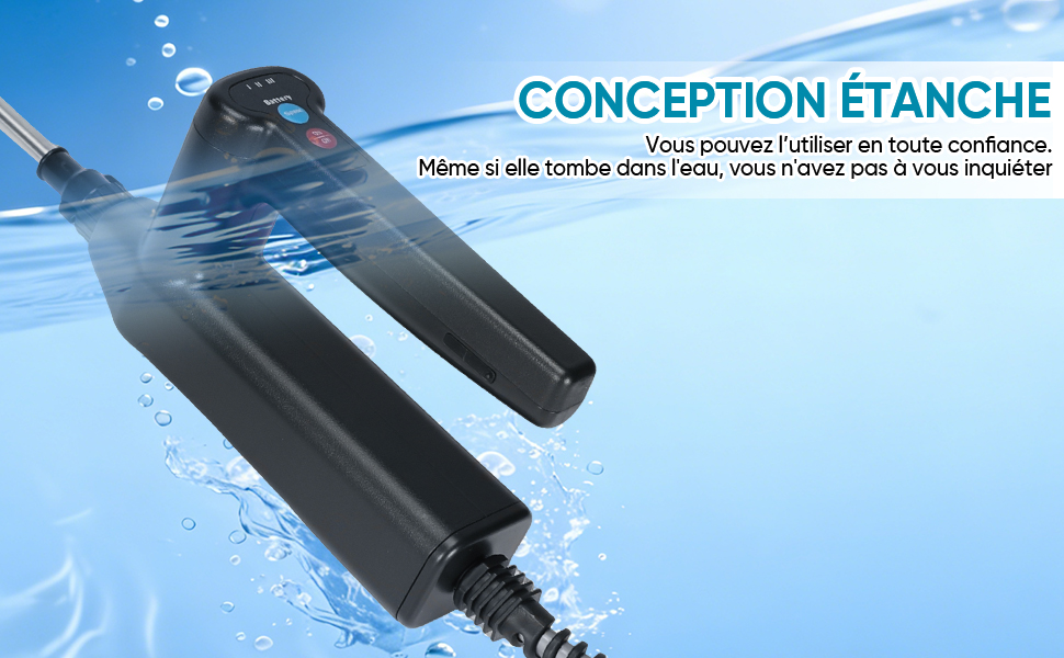 Le texte indique « CONCEPTION ÉTANCHE » avec des gouttelettes d'eau ou des effets d'humidité affichés autour d'un appareil électronique foncé sur fond bleu.