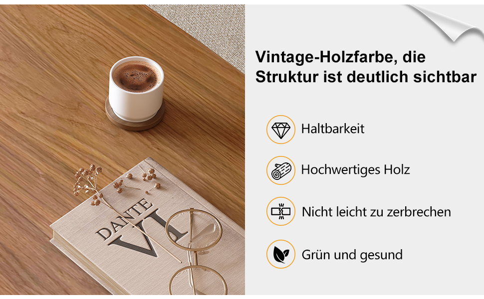 Der Text lautet „Vintage-Holzbrüste, die Struktur ist deutlich sichtbar“, „Haltbarkeit“, „Hochwertiges Holz“, „Nicht leicht zu zerbehren“, „Grün und gesund“. Holzoberfläche mit Kaffeetasse und Brille.