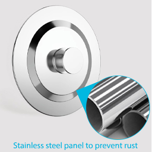 Circular stainless steel panel with anti-rust properties, showing close-up of metallic surface texture and construction detail.