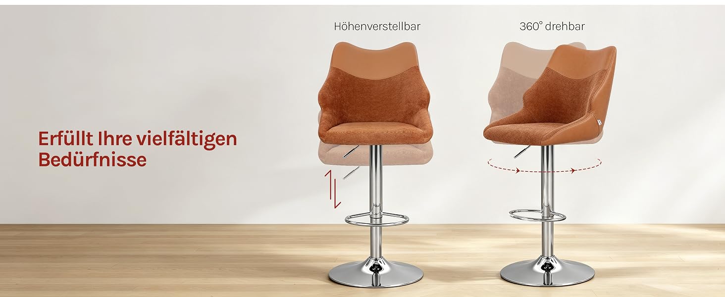 Der Text lautet „Exquisiter Barstuhl“ (Exquisiter Barhocker). Zwei hellbraune/cognacfarbene moderne Barhocker mit geschwungener Rückenlehne, verchromten Fußstützen und nebeneinander angeordneten Drehfüßen.