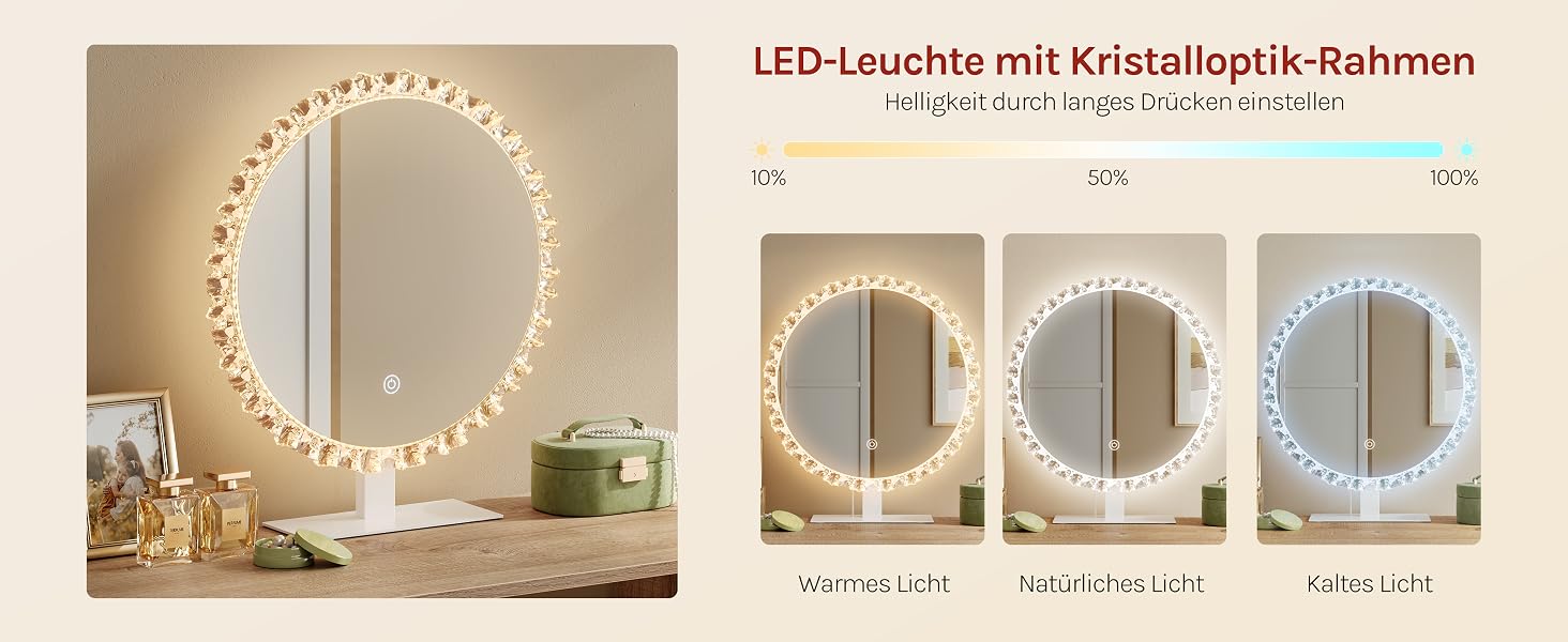 Der Text lautet „LED-Leuchte mit Kristallagtik Rahmen“. Links ist ein warmweißer, kreisförmiger LED-Leuchtrahmen zu sehen, der an der Wand montiert ist. Auf der rechten Seite werden drei Größenoptionen für die metallische Oberfläche mit Beschriftungen angezeigt.