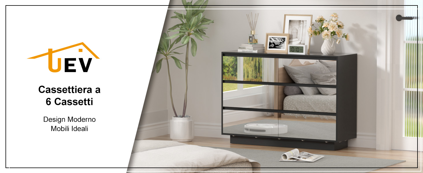 Il testo recita: 'UEV', 'Cassettiara a 6 Cassetti'. Pubblicità di mobili che mostra un moderno mobile contenitore in un ambiente domestico con mobili bianchi.
