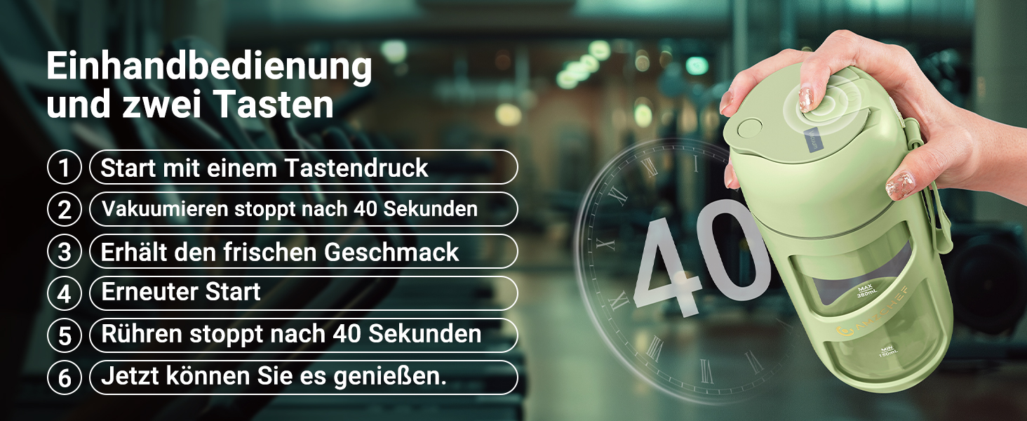 Bedienungsanleitung auf Deutsch mit sechs nummerierten Schritten zur Bedienung eines Geräts, mit einem hellgrünen Behälter und einer Texteinblendung „40"