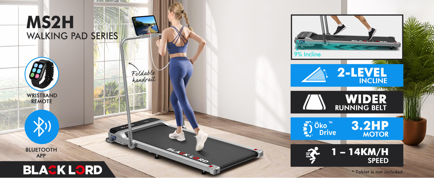 Text shows 'MS2H', 'BLACKPRO', '2-LEVEL', 'WIDER', '3.2HP', '1-14KM/H'. Product image showing a folding treadmill with specifications and features displayed as icons.