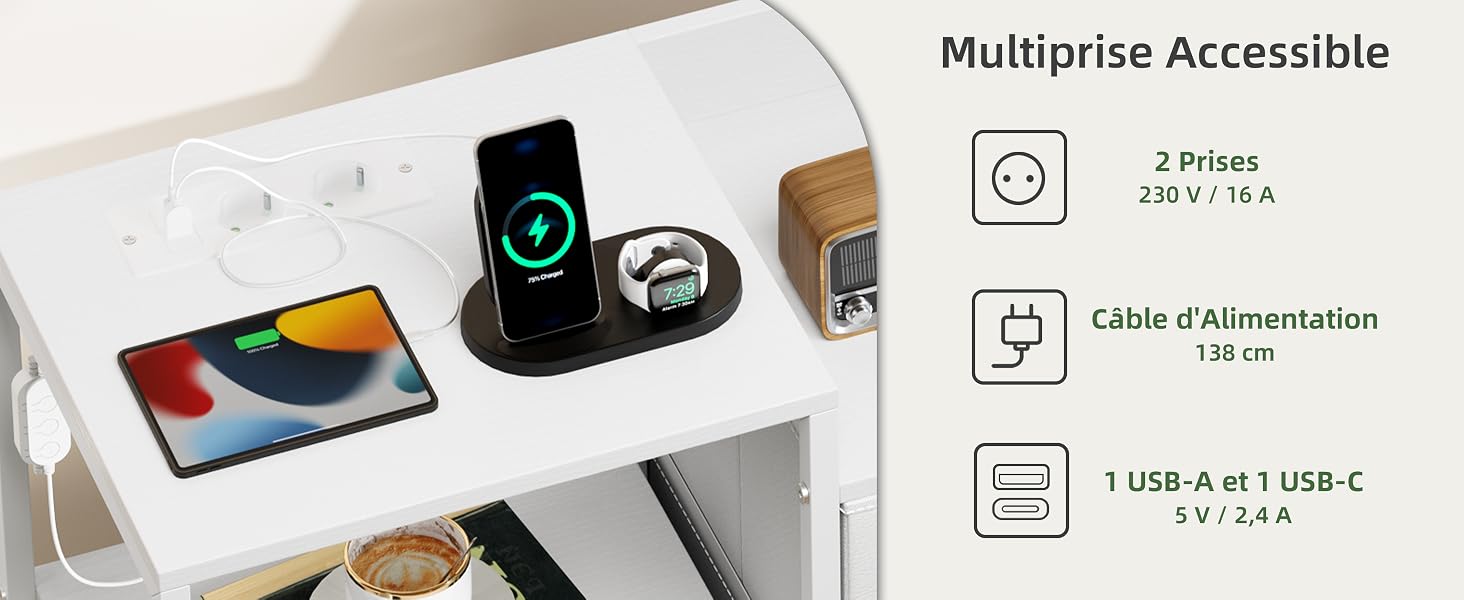 Le texte indique « Multiprise Accessible » avec les spécifications : « 2 prises » (2 prises), « Câble d'alimentation 1,5 m cm » et « 1 USB-A et 1 USB-C » (configurations de prise de courant). Station de recharge multi-appareils affichée avec smartphone et chargeur.