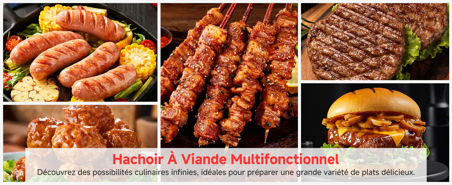 Collage d'aliments grillés, notamment des brochettes de viande, des hamburgers et divers plats à griller, présentés dans une grille.