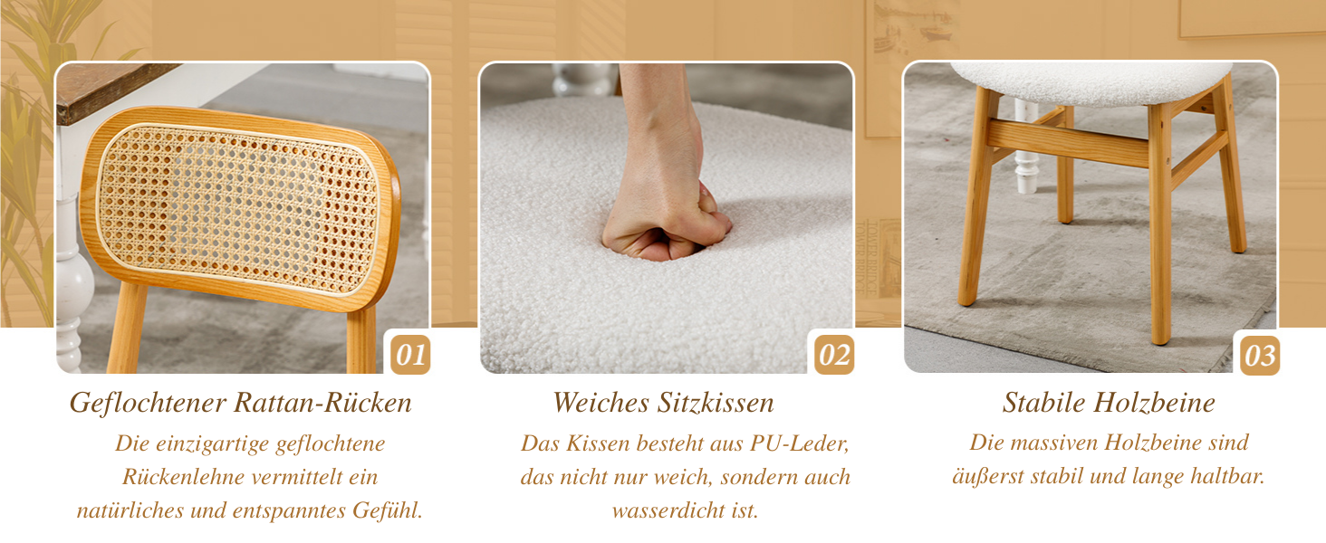 Holzhocker mit Rattansitz. Drei Paneele zeigen Details aus Stockgeflecht, den Fuß auf einem weichen Teppich und die stabilen Beine des Hockers. Der Text beschreibt die Komfort-, Weichheits- und Stabilitätsmerkmale
