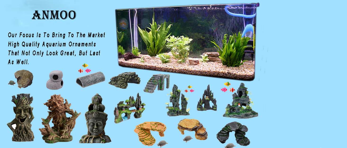 Aquarium with fish and plants. Below, various decorative aquarium ornaments including structures, caves, and plants. Text mentions high-quality aquarium ornaments.
