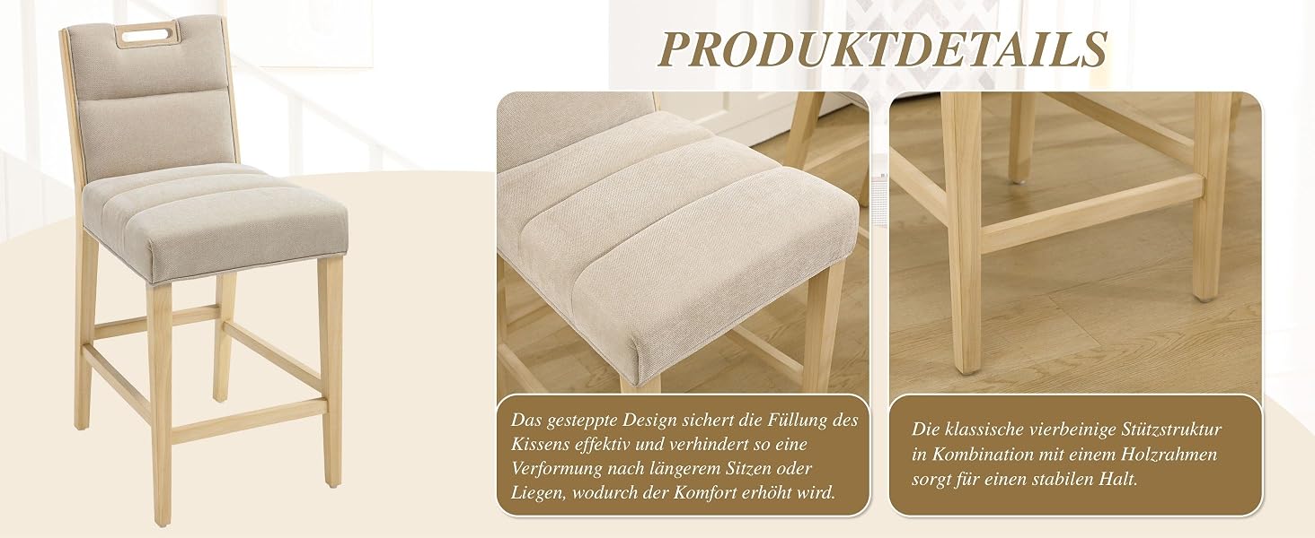 Der Text lautet „Bild 2“ und „PRODUKTDETAILS“. Collage, die mehrere Ansichten eines beigen Polstermöbels zeigt und verschiedene Blickwinkel und Konstruktionsdetails zeigt.